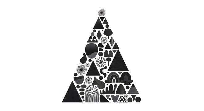 A modern abstract Christmas tree composed of various geometric and organic shapes in shades of gray and black on a white background.