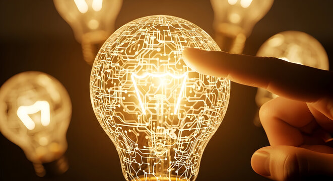 Close-up of a glowing incandescent light bulb with intricate circuitry patterns.