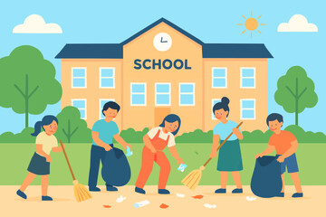 Volunteers Cleaning Up School Playground