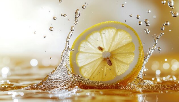 Macro close-up of a lemon slice hitting a liquid surface, creating a dynamic splash and bubbles, captured with warm cinematic lighting.