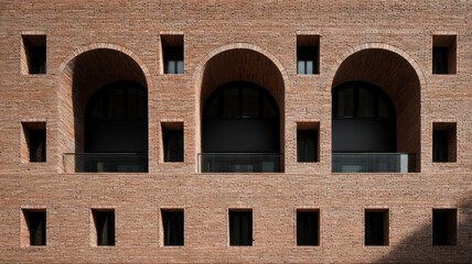 Symmetrical brick arches against soft light. AI image