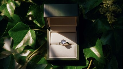Diamond ring in box amidst green foliage. AI image