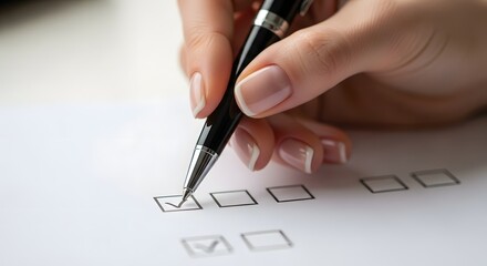 Close-up of a hand marking a checkbox on a survey form with a pen.