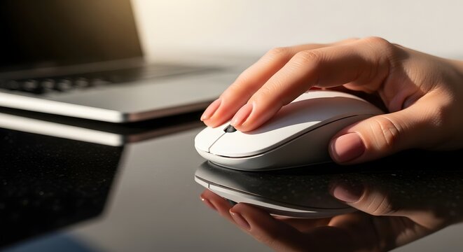 Close-up of a hand using a computer mouse next to a laptop.