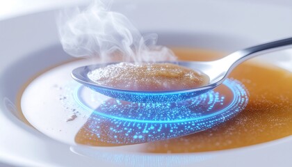 Spoonful of steaming soup being analyzed by a futuristic blue holographic data ring, cinematic, close-up.