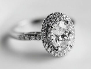 A close-up showcases a platinum ring featuring a large, oval-cut center diamond encircled by two halo rows of smaller diamonds, the band also subtly adorned with tiny diamonds