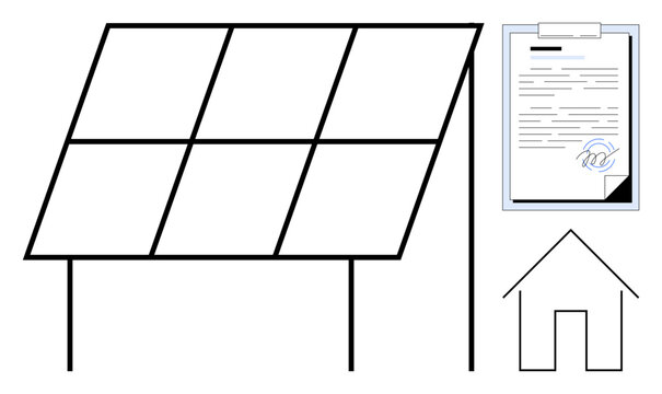 Solar panel frame, signed document on clipboard, simple house outline. Ideal for renewable energy, sustainability, eco-living, contracts, clean energy, home improvement simple flat metaphor