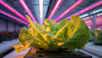 Hydroponic Lettuce Growing Under LED Lights in Vertical Farm
