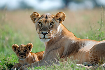Lioness protecting her young cub, resting together in green grass, representing family bonds in nature and wildlife conservation
