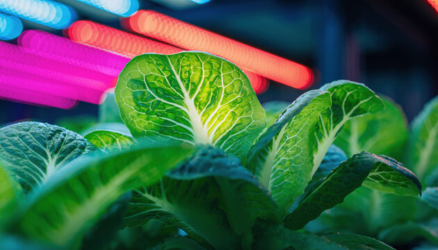 Hydroponic Vertical Farm and Lettuce Under Colorful LED Grow Lights