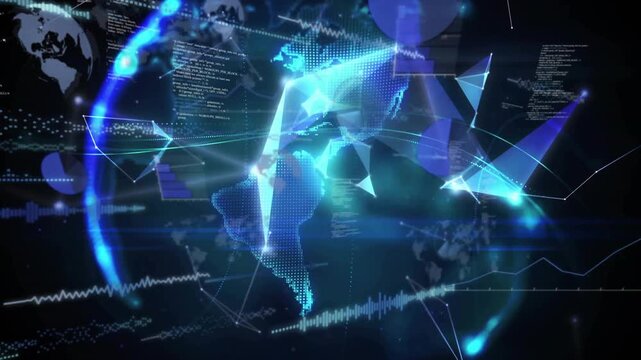 Nodes pulsing initiating globe forming, rotating facets integrating and visualizing network data - Powered by Adobe