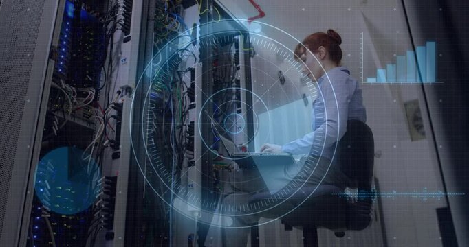 Female IT tech noticing LEDs, inspecting server rack and adjusting laptop, checking status via HUD - Powered by Adobe