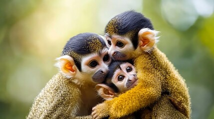 Obraz premium Three squirrel monkeys huddling together, showing close family bonds and social grooming behavior in their natural environment