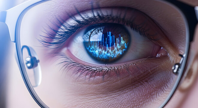 Close-up of a human eye reflecting a cityscape and data streams.