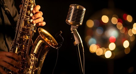 Close-up of a jazz musician playing a saxophone next to a vintage microphone with bokeh lights in the background.