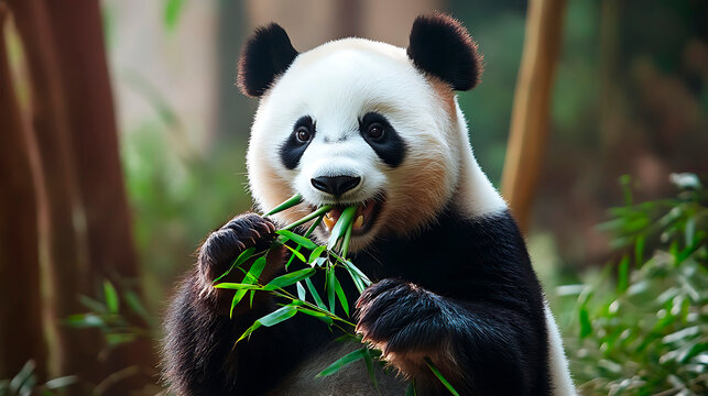 Giant panda feeding on fresh bamboo, representing wildlife preservation, endangered species, and environmental protection