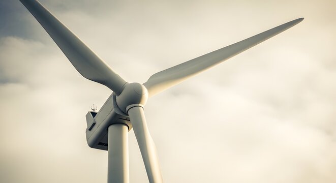 Close-up of a modern wind turbine against a cloudy sky. - Powered by Adobe