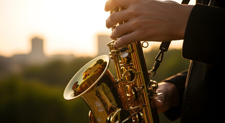 Obraz premium Close-up of a Musician Playing a Saxophone Outdoors at Sunset.