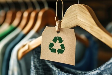 Wooden hanger holding garment with brown paper tag showing green recycling symbol, representing sustainable and eco-friendly fashion