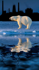 Polar Bear Reflection with Factory Silhouette – Climate Change and Arctic Loss