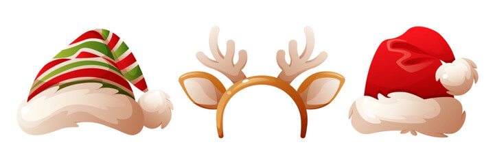 Three festive hats including a red Santa Claus hat, a green and red striped hat, and a reindeer antler headband. Perfect for holiday celebrations.