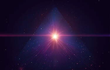 A bright, radiant starburst emanates from within a translucent, inverted triangular form, set against a dark, subtly textured backdrop sprinkled with tiny.