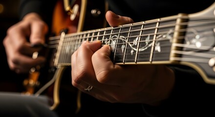 Fototapeta premium Close-up of a musicians hands playing an electric guitar.
