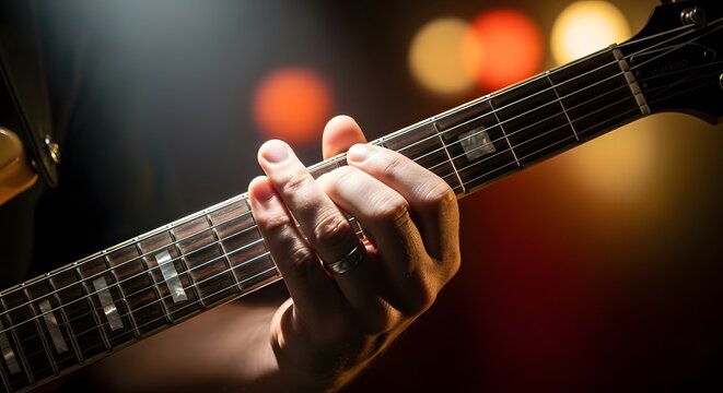Close-up of a musicians hands playing an electric guitar on stage with bokeh lights.