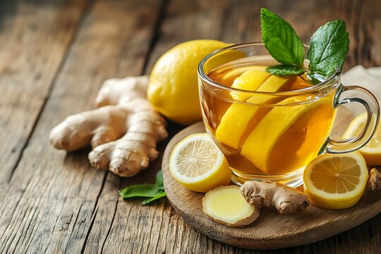 Herbal tea with fresh lemon slices, ginger root, and mint leaf on a wooden table, emphasizing health and immunity