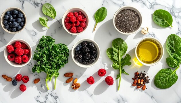 The image shows an assortment of healthy foods like berries, kale, spinach, nuts, oil, and chia