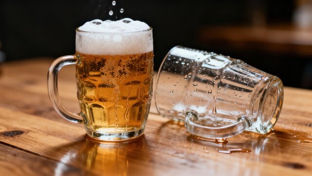 Full glass of frothy golden beverage stands next to an overturned empty container on a wooden surface - Powered by Adobe