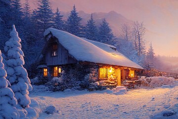 A Snow-Covered Pine Landscape on a Mysterious Hill