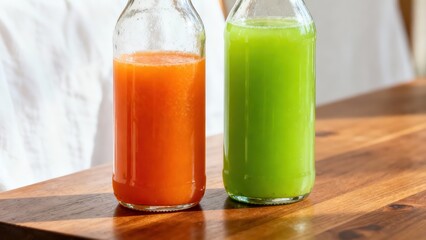 Two glass bottles filled with vibrant freshly squeezed vegetable and fruit drinks rest on a wooden surface.