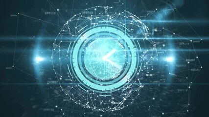 Vertical flash fading as turquoise data globe rotating, clock hand rotating showing data processing - Powered by Adobe