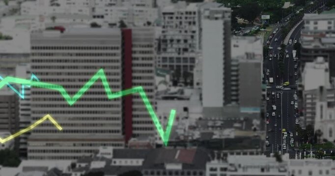 Neon graphs emerging from left, rising, falling, crossing facades, settling showing market trends