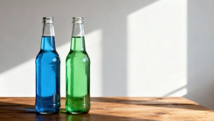 Two colorful glass beverage bottles stand on a wooden surface against a bright wall with shadow patterns