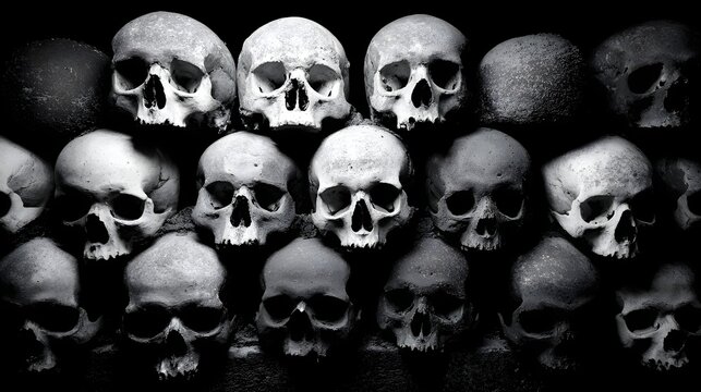 Numerous human craniums are tightly stacked forming a dark macabre wall in dramatic black and white illumination