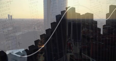 Serrated rooftop reflection and tall skyscraper shifting as camera pans, overlay showing data trend - Powered by Adobe