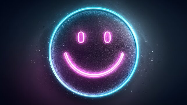 Glowing neon face icon illuminates a dark, textured background with vibrant light