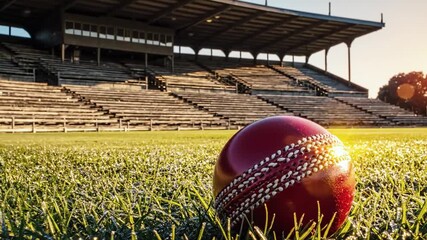 Close-up of a cricket ball on grass with an empty stadium in the background - Powered by Adobe