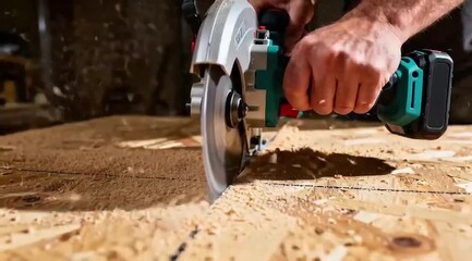 Strong masculine hands making long precise cut along marked line on plywood sheet with cordless circular saw with violent sawdust ejection from cut line and sharp blade blur.
