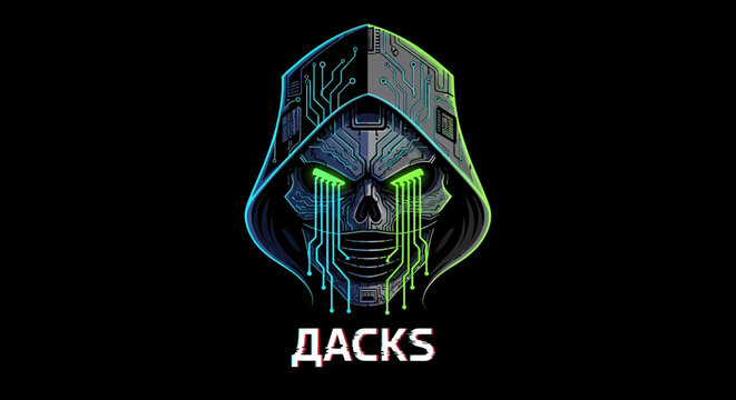 A menacing hooded skull with glowing green eyes, featuring intricate blue and green circuit patterns representing a digital entity or hacker concept