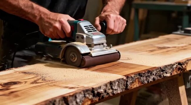 Muscular hands guiding powerful belt sander along large wooden tabletop with rough edges with intense machine vibration and sawdust flying from under moving sanding belt.