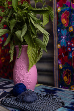 Traditional vase with herbs used to dye threads used for weaving in Guatemala