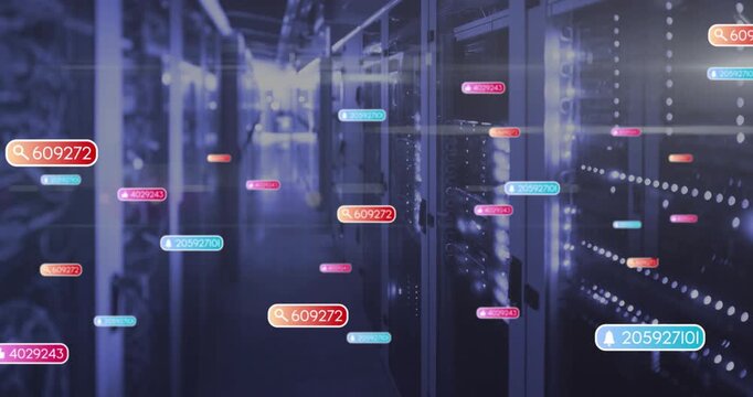 Colored data tags initiating from front drifting down server aisle showing network traffic flow