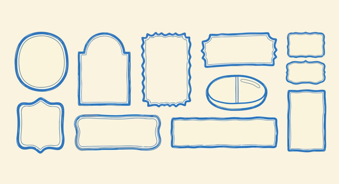 Collection of handdrawn blue outline frames and labels in various shapes