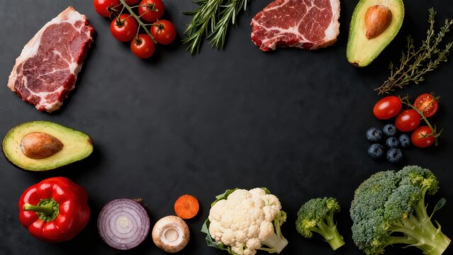 Assortment of fresh raw proteins and colorful garden produce arranged on a dark background surface