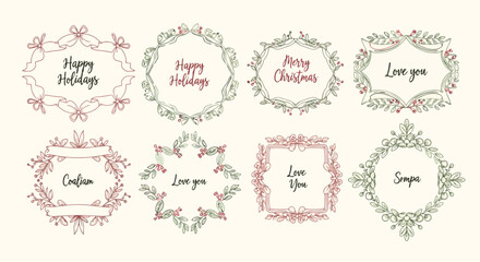 Eight ornate floral frames with holiday and love themes, elegant greenery and handwritten text