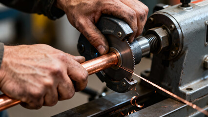 Rugged hands applying steady even pressure to tube cutter rotating it around copper pipe with thin continuous metal shaving being produced by cutting wheel.