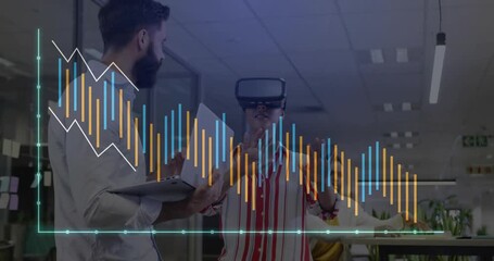 Woman in VR headset raising hands testing demo while colleague guiding as waveform shifting right